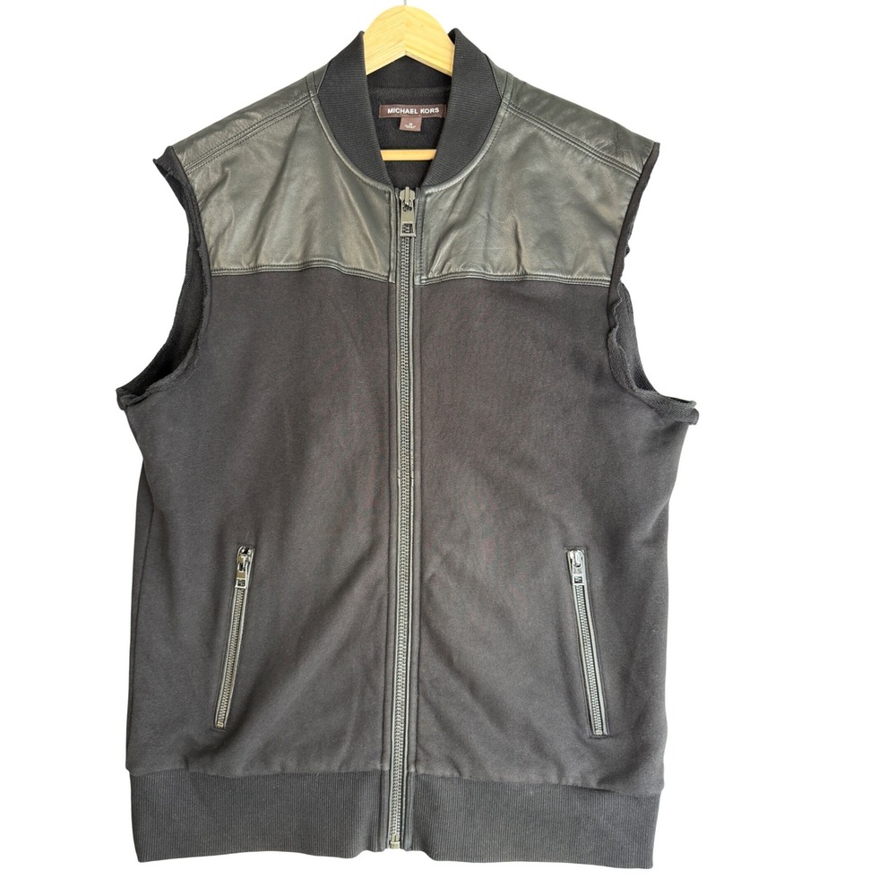 Michael Kors Upcycled Leather Trim Vest Mens M Black Sheepskin Streetwear Bomber
